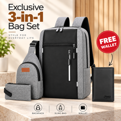 Premium 3-in-1 Travel Bag Set + Free Jeep Wallet – Multi-Functional Combo Featuring Large Capacity Backpack, Sling Bag & Pouch for Office, College, Travel & Casual Daily Use